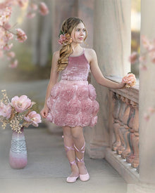 Girls blush pink velvet camisole top with rhinestone trim paired with matching blush pink skirt with flower details paired with a flower accent in her hair