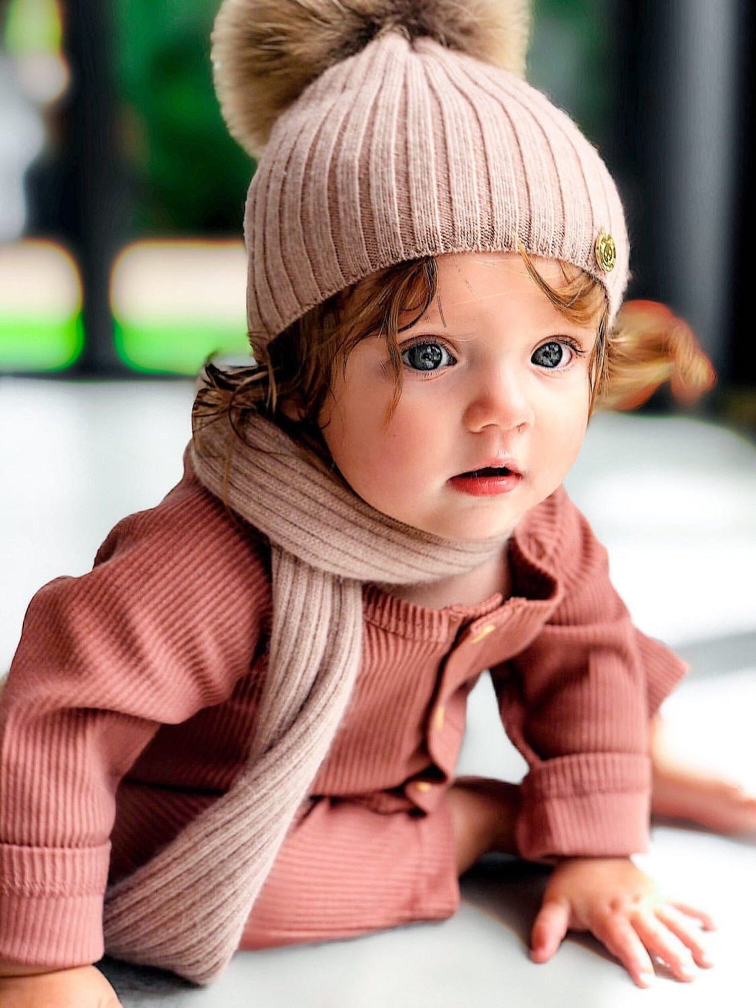 Misha Ribbed Angora Scarf Natural Fur Poms - Petite Maison Kids