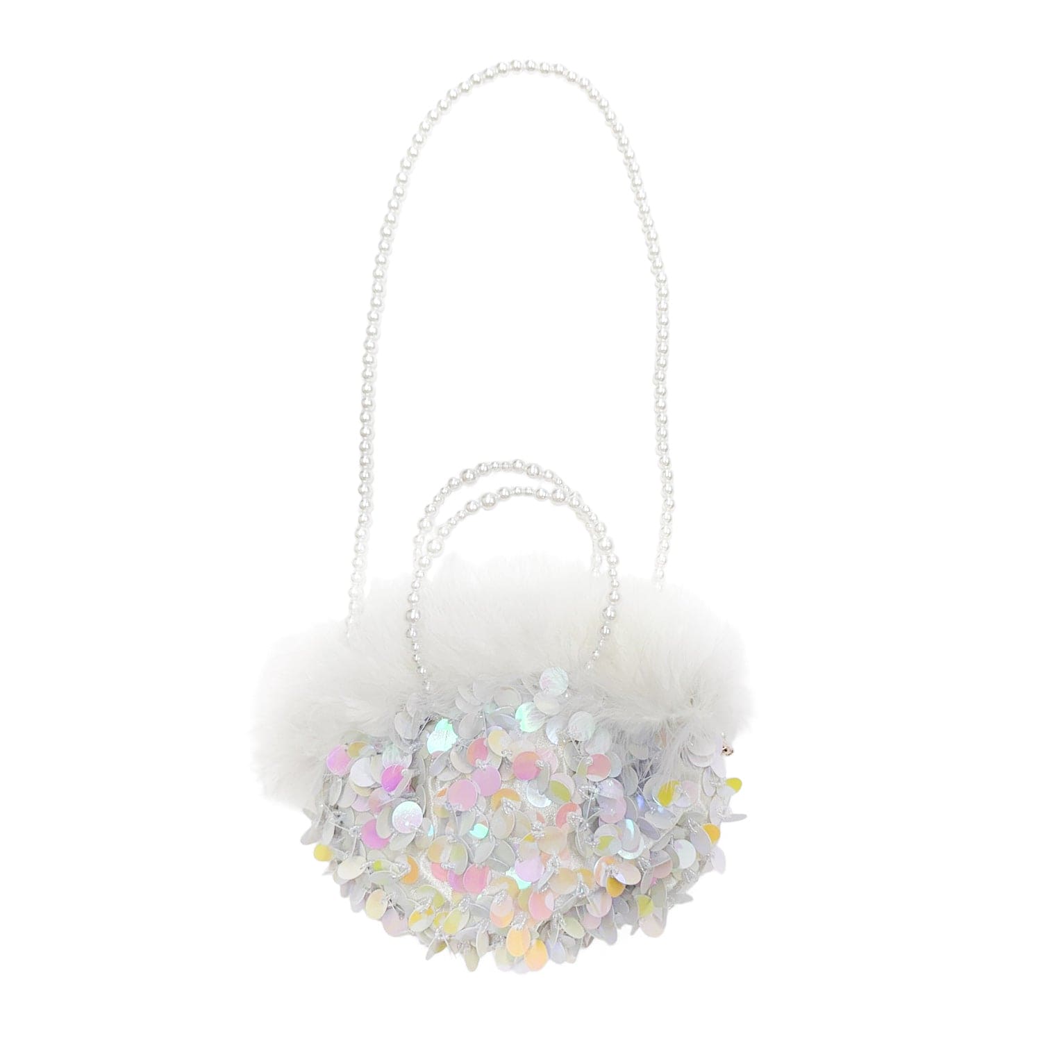 sequin iridescent clutch bag with fur detail along with pearl straps. perfect to pair with any piece from the Ava collection 