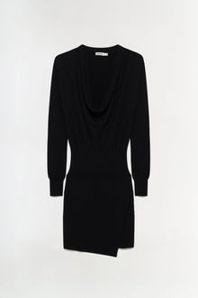 Black wool mini dress with draped neckline and long sleeves on mannequin against neutral background.