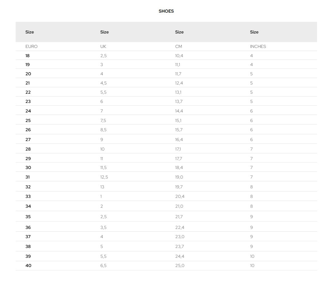 Product size guide