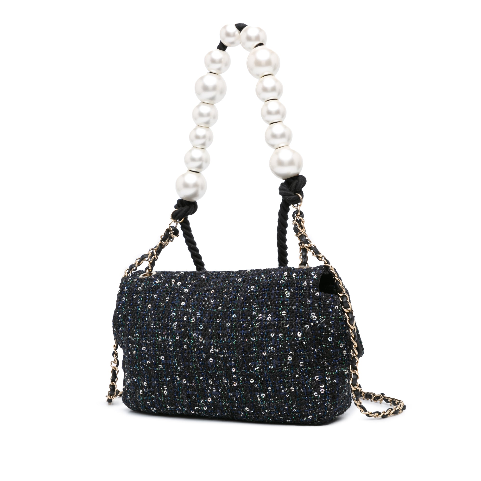 Chanel | Pre-Owned Medium Tweed Pearl Handle Flap | Blue/NavyBlack
