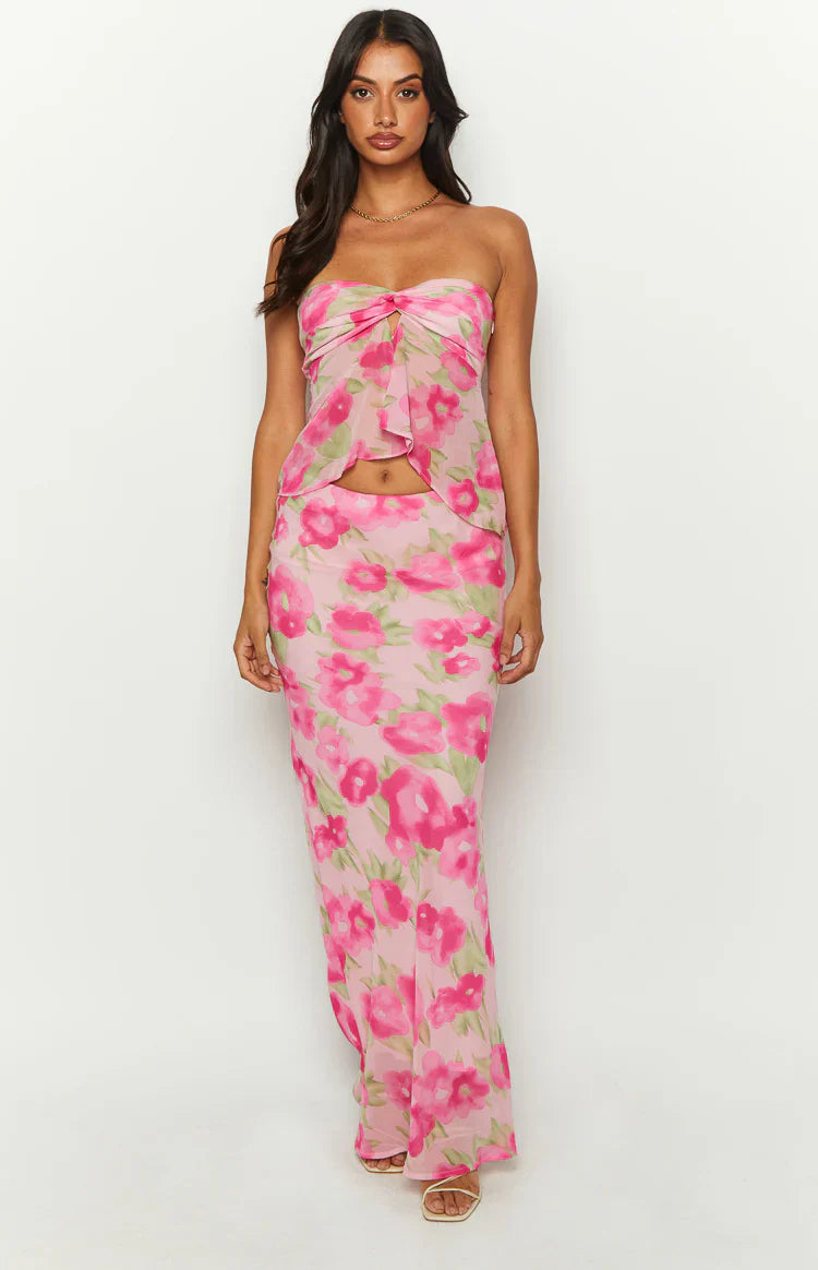 Jacqulin Floral Print Strapless Top | Pink
