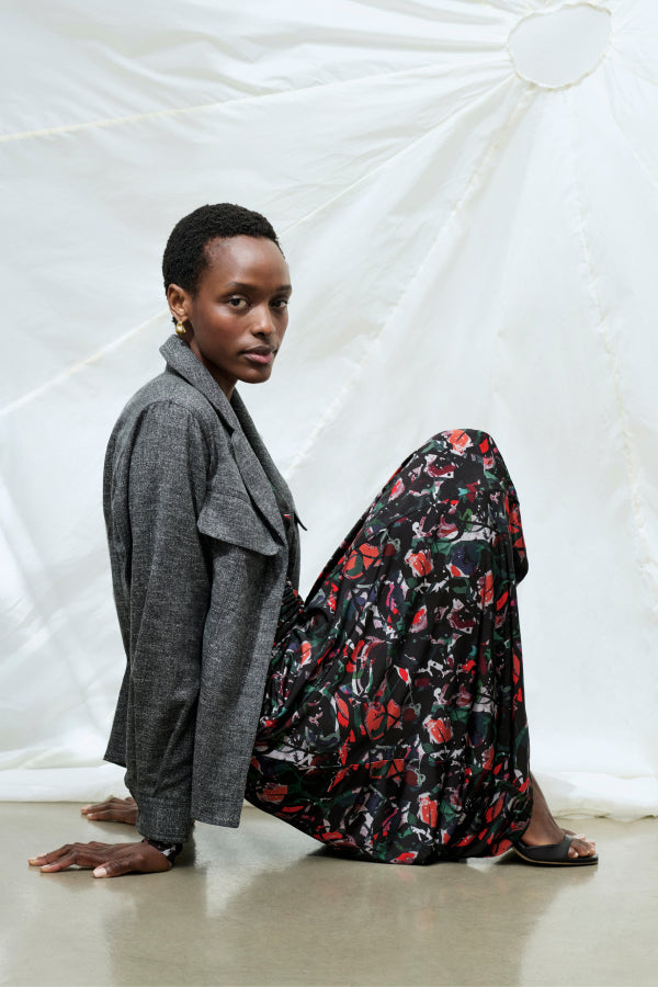 front image of a woman wearing the natalia jacket in black/white | Exclude 