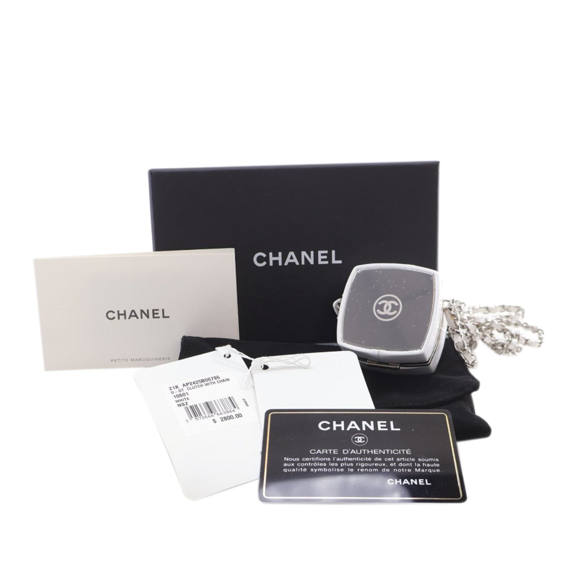 Chanel | Pre-Owned Patent Goatskin Make-Up Box Clutch With Chain | White