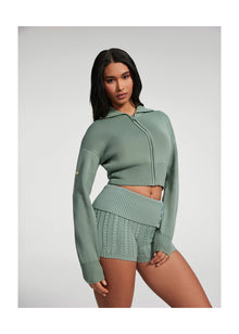 Knit Cropped Zip-Up Jacket | Sage Green