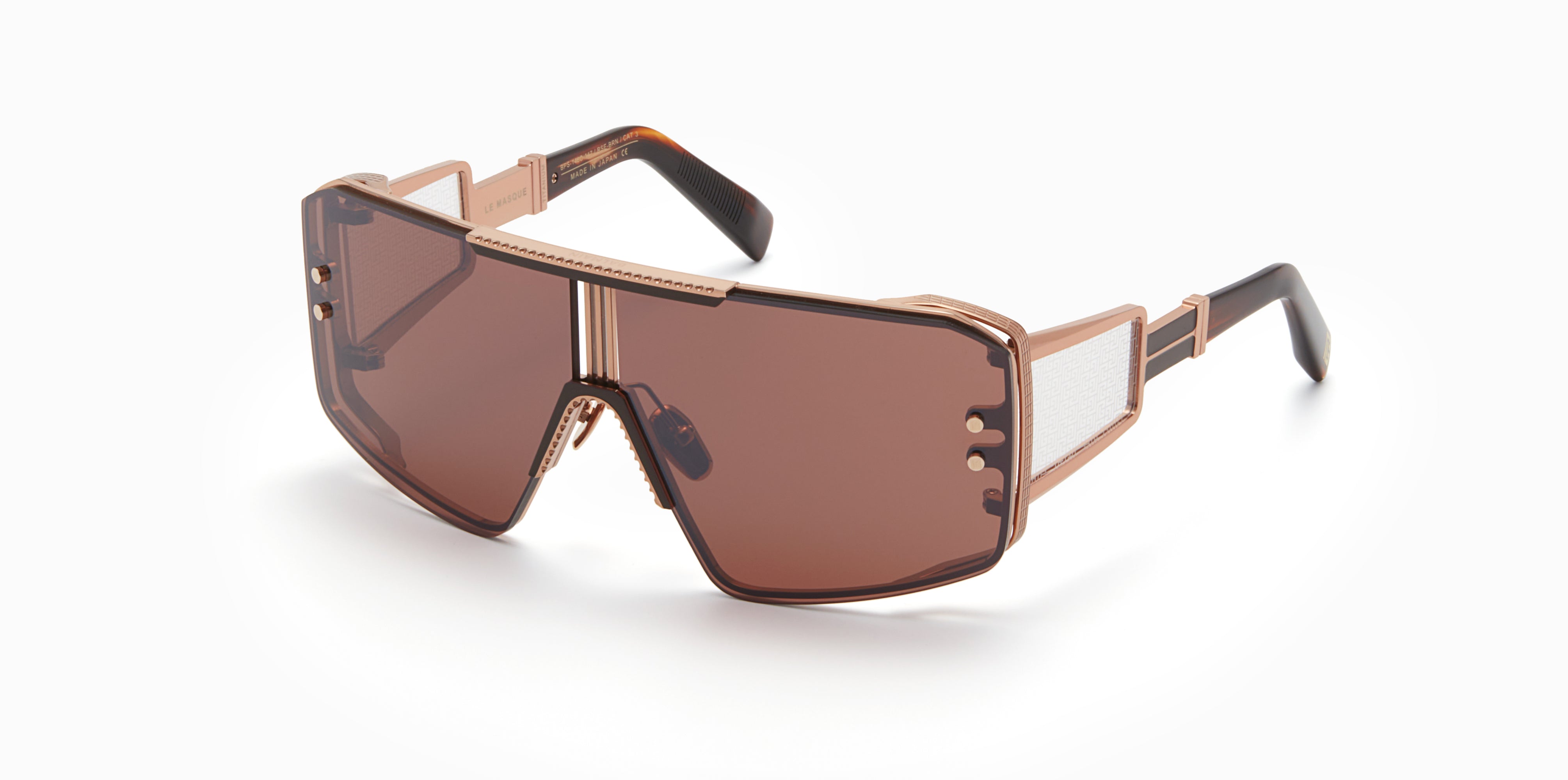 Unisex | Le Masque Sunglass | Rose Gold - Brown Swirl - Side Lens w /PB pattern | Dark Brown w/ Black Mirror