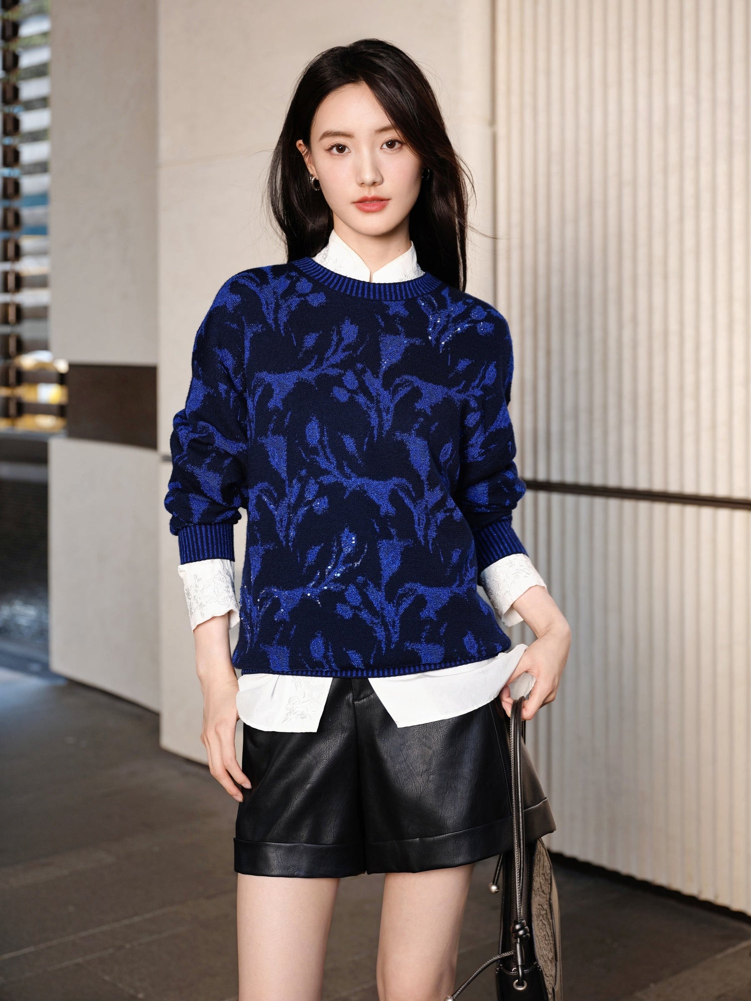Wool Relaxed-Fit Jacquard Sweater | Navy