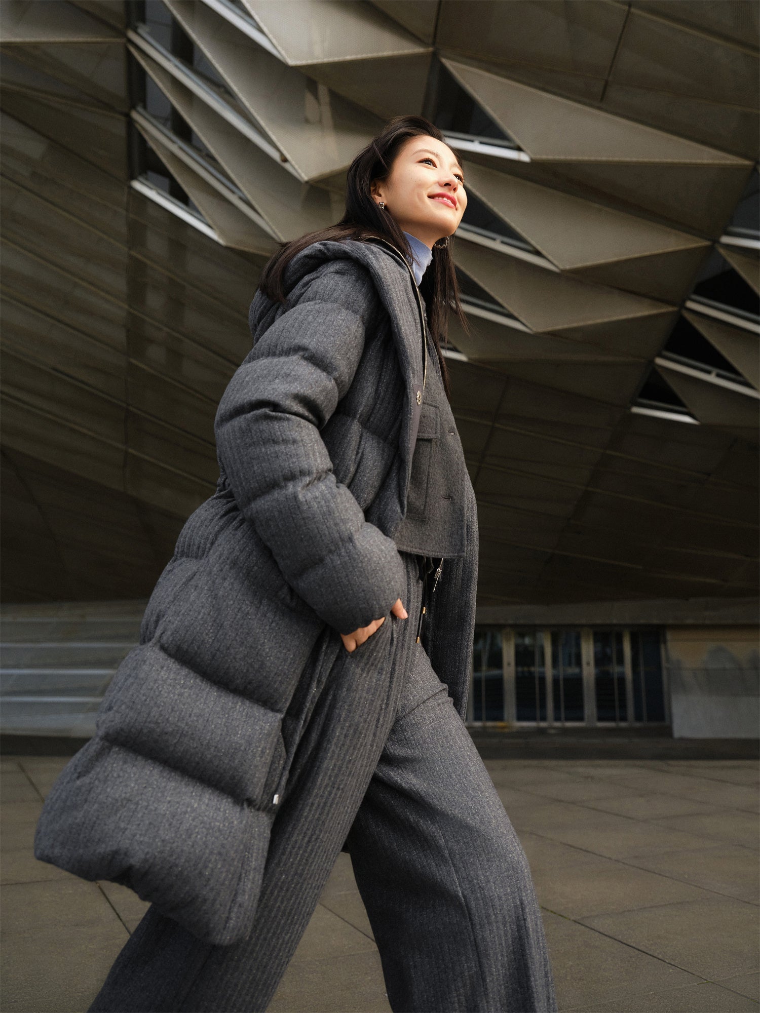 Wool-Blend Long Down Coat | Grey