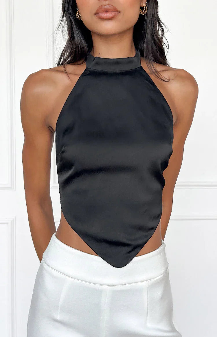 Laylee High Neck Satin Top | Black
