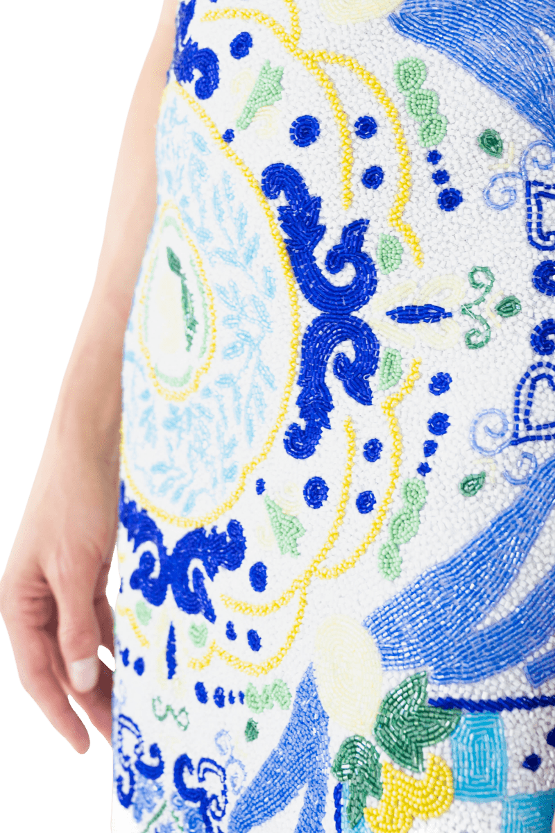 Limoncello Hand - Beaded Embellished Mini Dress - White/Blue - Self - Adore