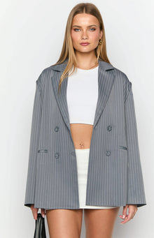 Open grey pinstripe oversized blazer with double-breasted buttons and wide notched lapels