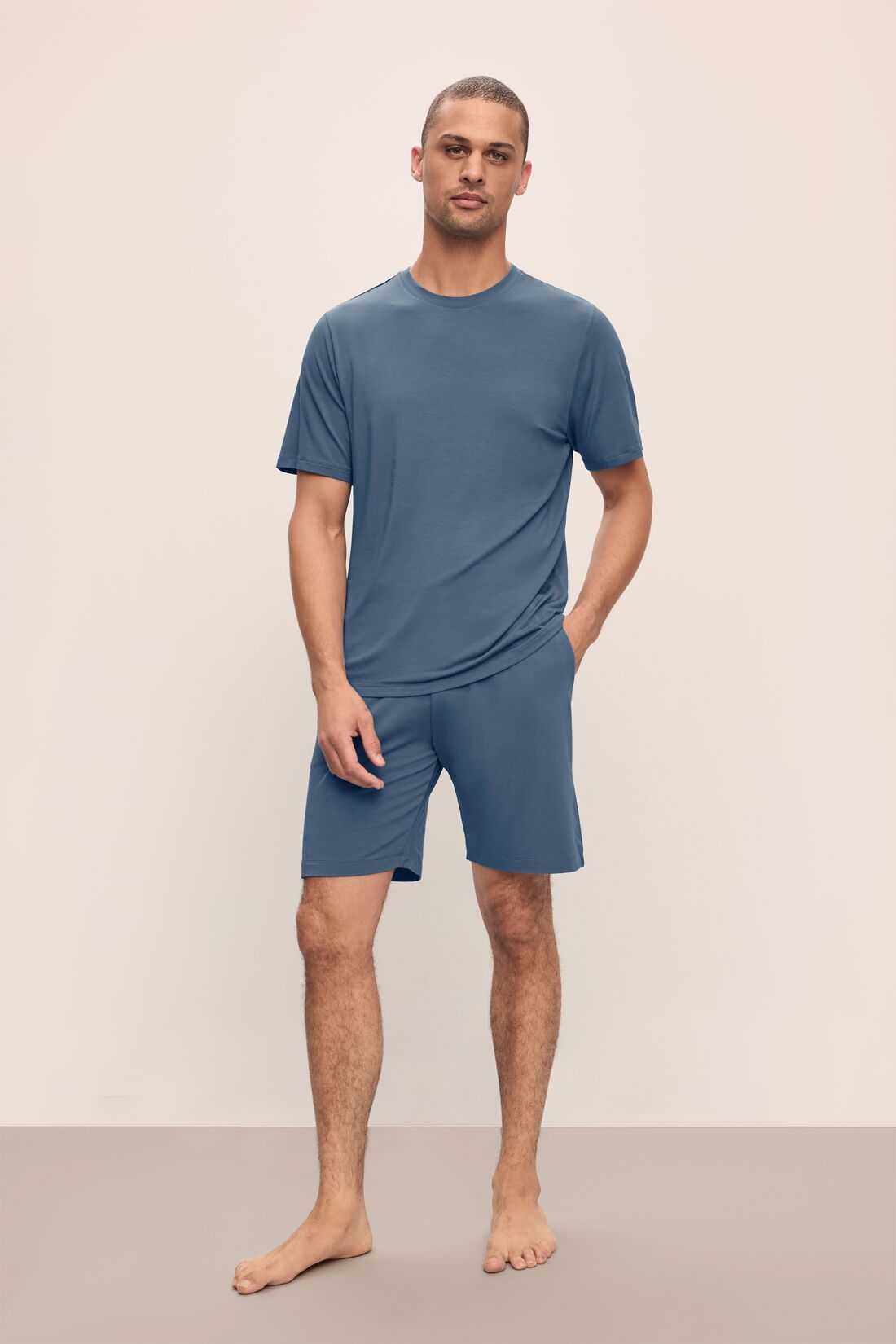 Model wears Henry TENCEL Modal Short PJ Set in Coastal Blue.