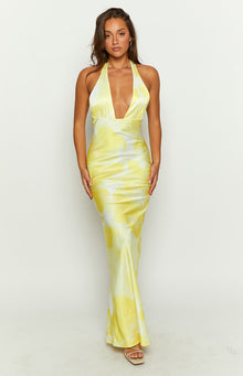 Yellow and white tie-dye maxi dress with a deep plunging V-neck halter and fitted bodice