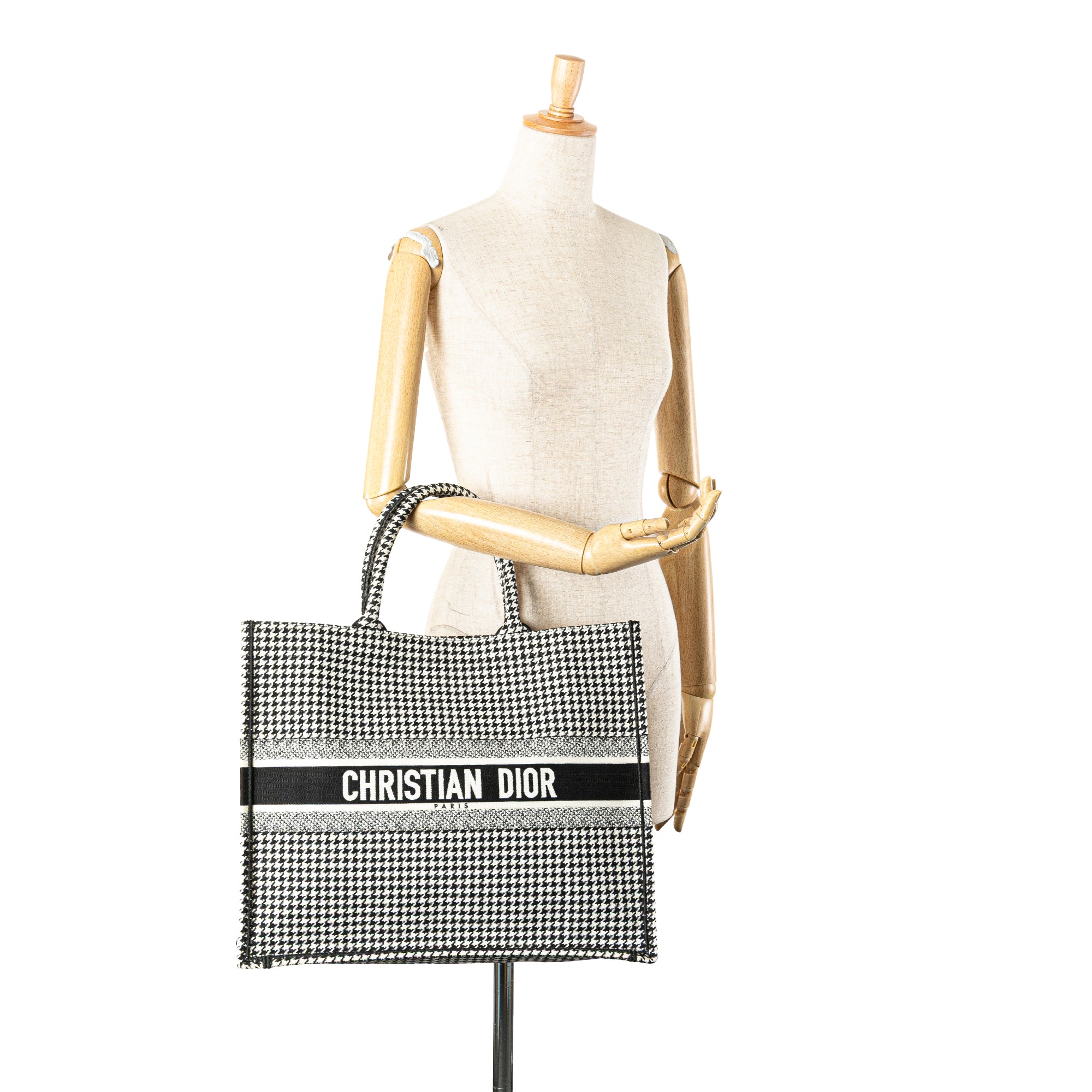 Dior | Pre-Owned Large Canvas Houndstooth Embroidered Book Tote - II | Black