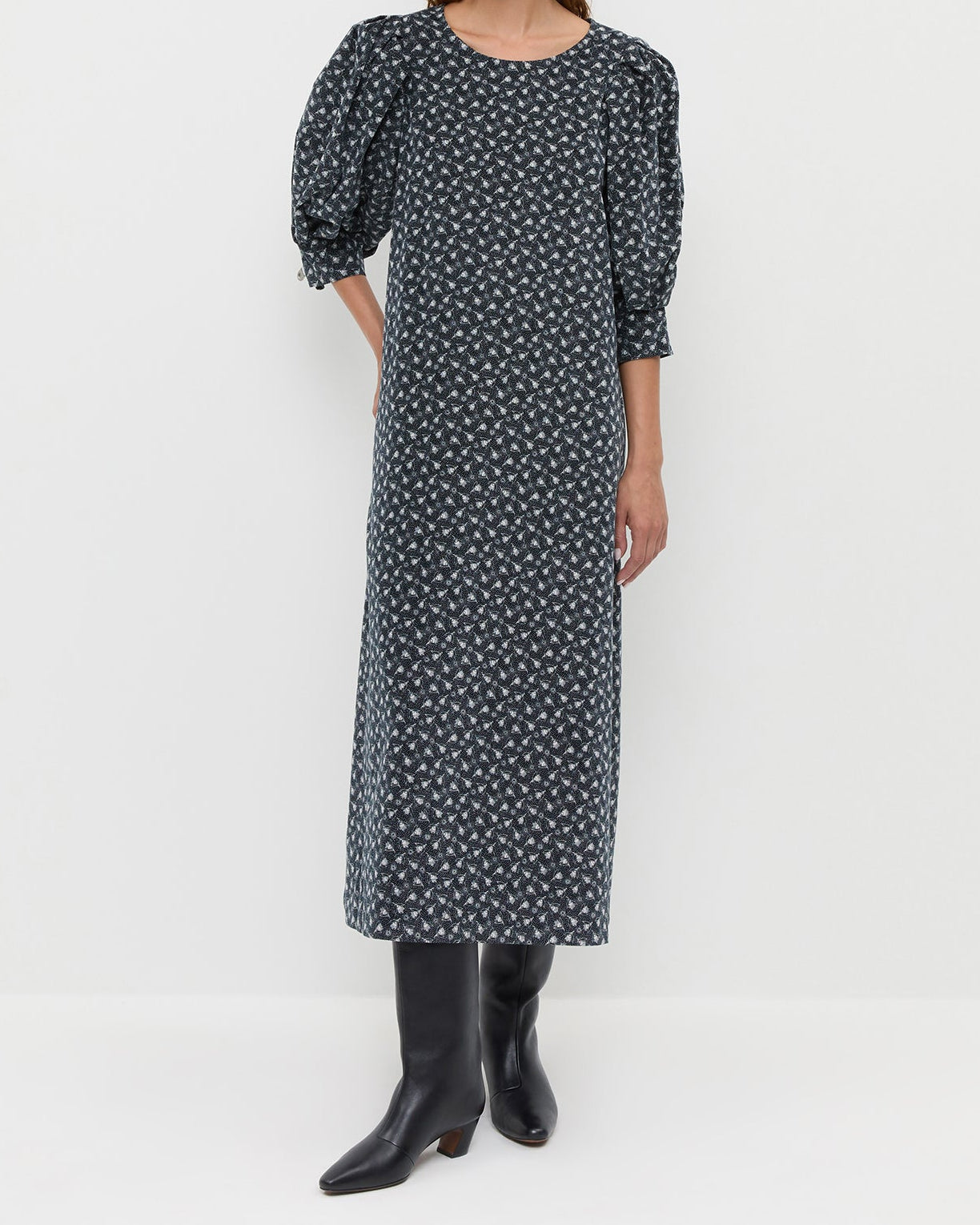 Maxwell Dress in blue ditsy floral cotton and Cleo Black Leather Mid Calf Boot.