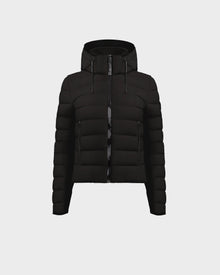 The RUDSAK MELISSA - 8122551 BLACK is a womens black, hooded, lightweight down puffer jacket with horizontal quilting, front zipper, side pockets, and a fitted modern design, shown on a plain white background.