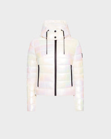 The MELISSA - 8124031 Iridescent Eggshell by Rudsak is a womens lightweight down puffer jacket with a hood, black zipper, and black drawstrings, shown on a plain light gray background.