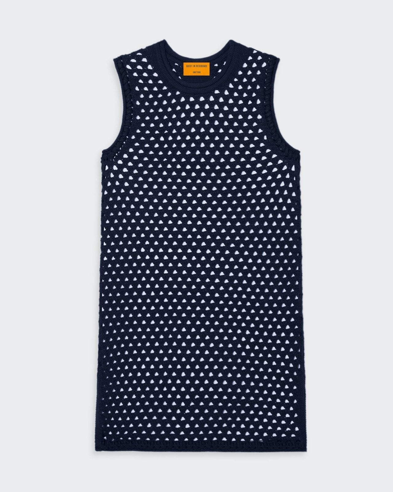 Women's mesh tunic in midnight blue with crochet rope trim.