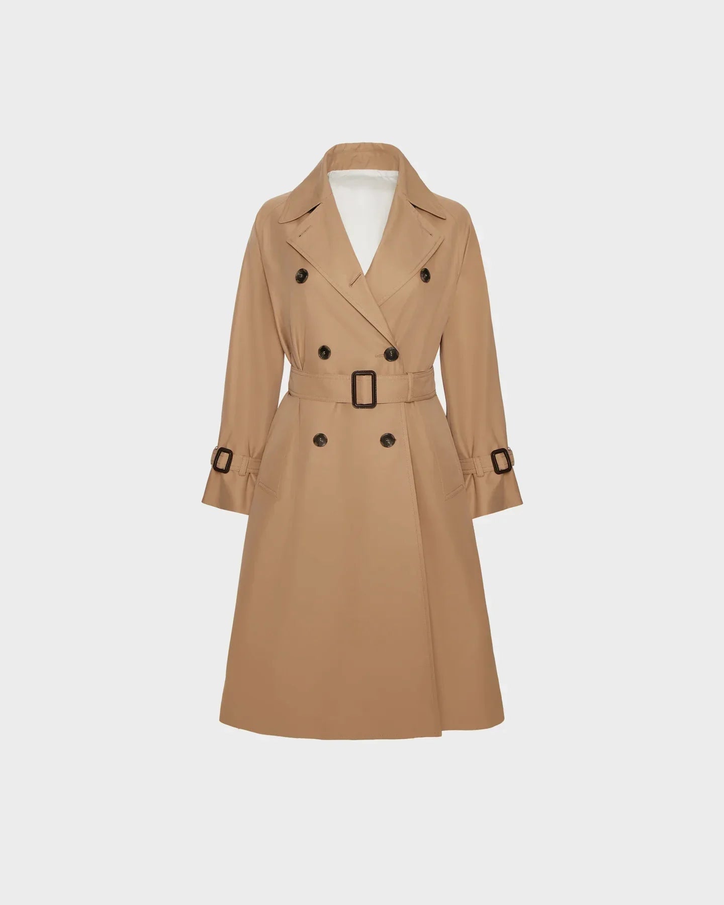 The MIRELLE - 8124055 Khaki by Rudsak is a beige womens trench coat with a tailored silhouette, double-breasted front, wide lapels, matching belt, and black button and buckle details, shown on a plain white background.