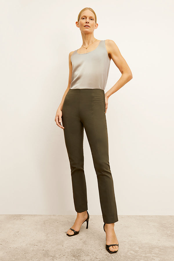 front image of woman wearing foster pant in dark olive | Exclude | Grid