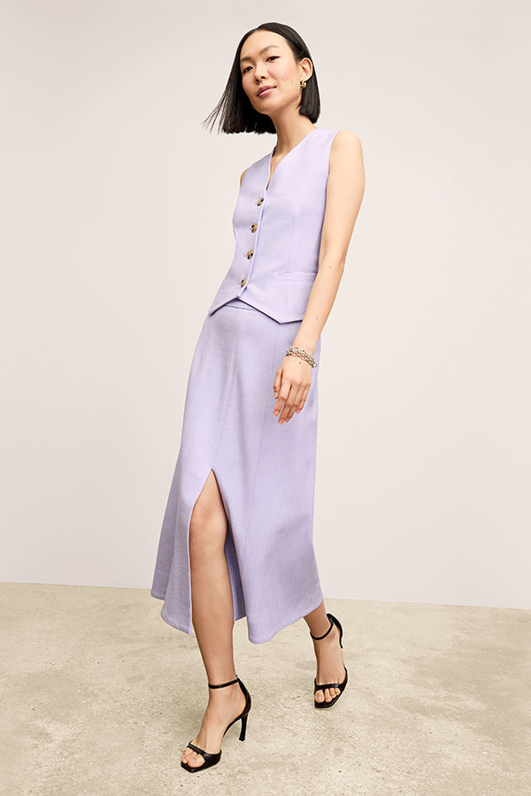 front image of a woman wearing the eva skirt in lilac/ivory | Exclude | Grid