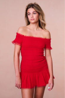 Girls Mosa Off-The-Shoulder Mini Dress | Crimson Red