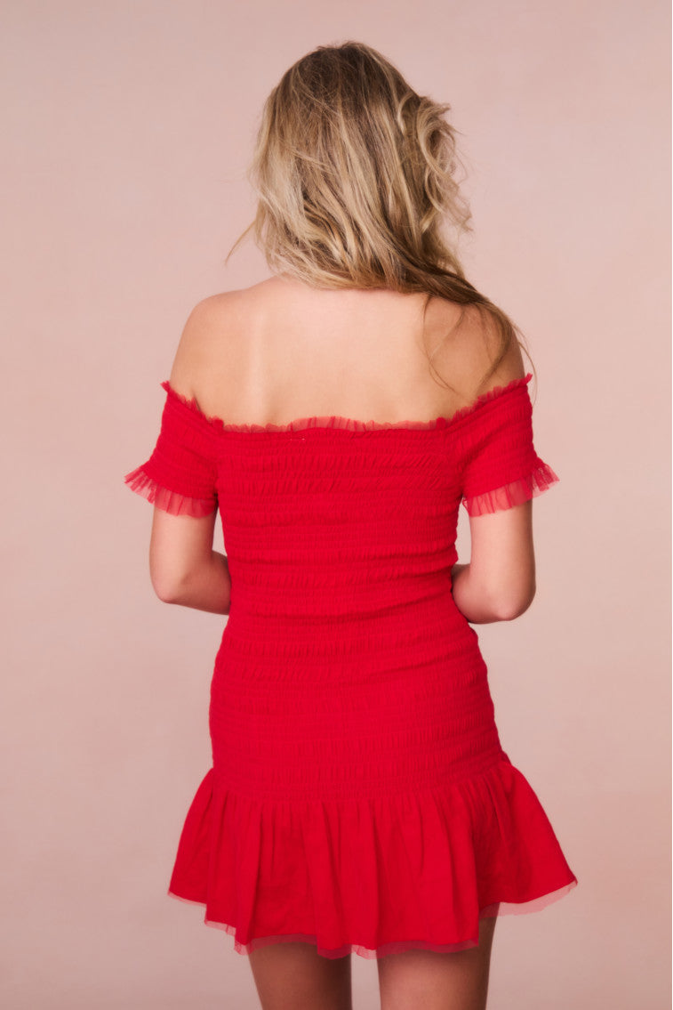 Girls Mosa Off-The-Shoulder Mini Dress | Crimson Red