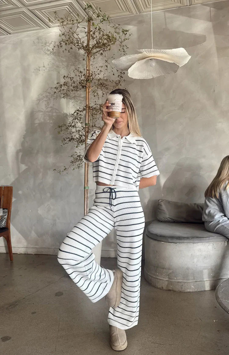 Maple Cropped Knit Sweater | White Navy Stripe