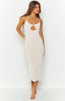 White mesh midi dress with a halter neckline, gathered bust, keyhole cutout, and ruched bodycon fit