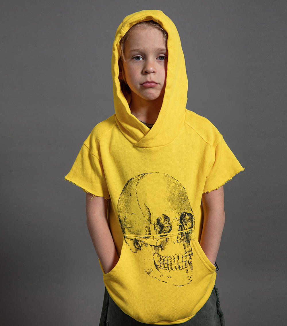 Kid | Fluffy Md Skull Short Hoodie | Lava Yellow