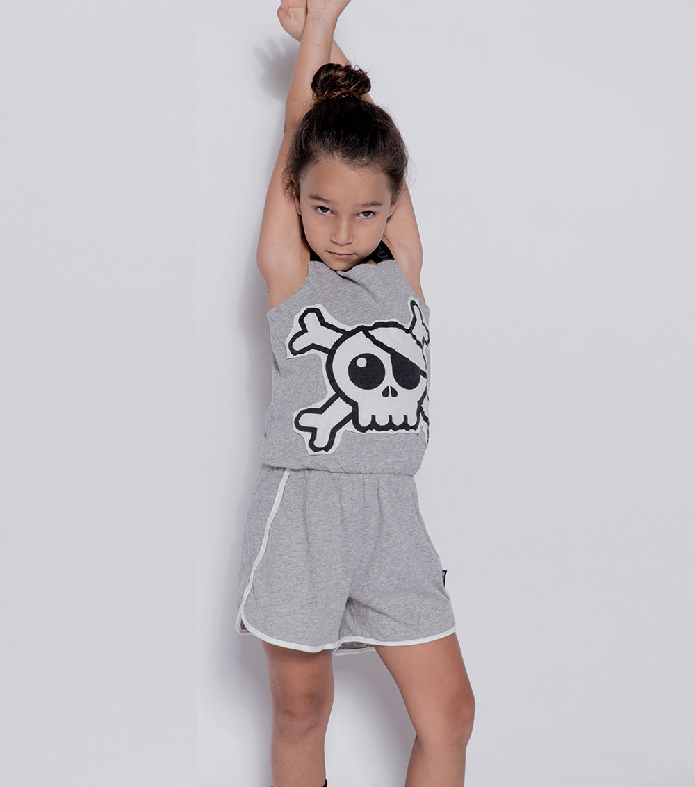 Kid | Skull Patch Tank Overall | Heather Grey