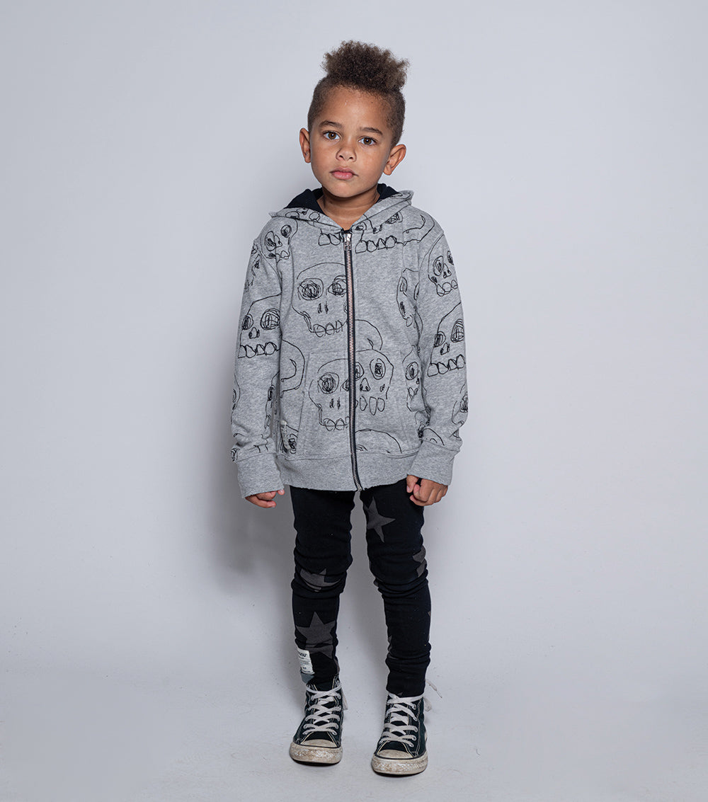 Kid | Scribbled Skulls Zip Hoodie | Heather Grey
