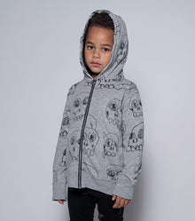 Kid | Scribbled Skulls Zip Hoodie | Heather Grey