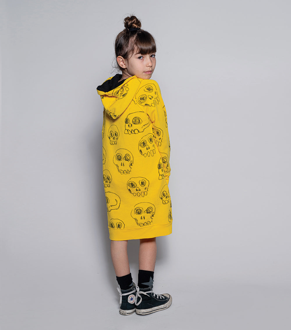 Kid | Hooded Scribbled Skulls A Dress | Yellow
