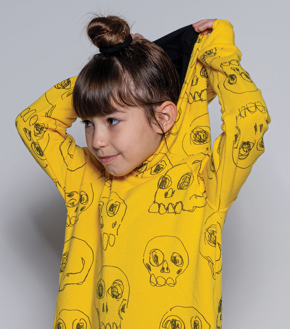 Kid | Hooded Scribbled Skulls A Dress | Yellow