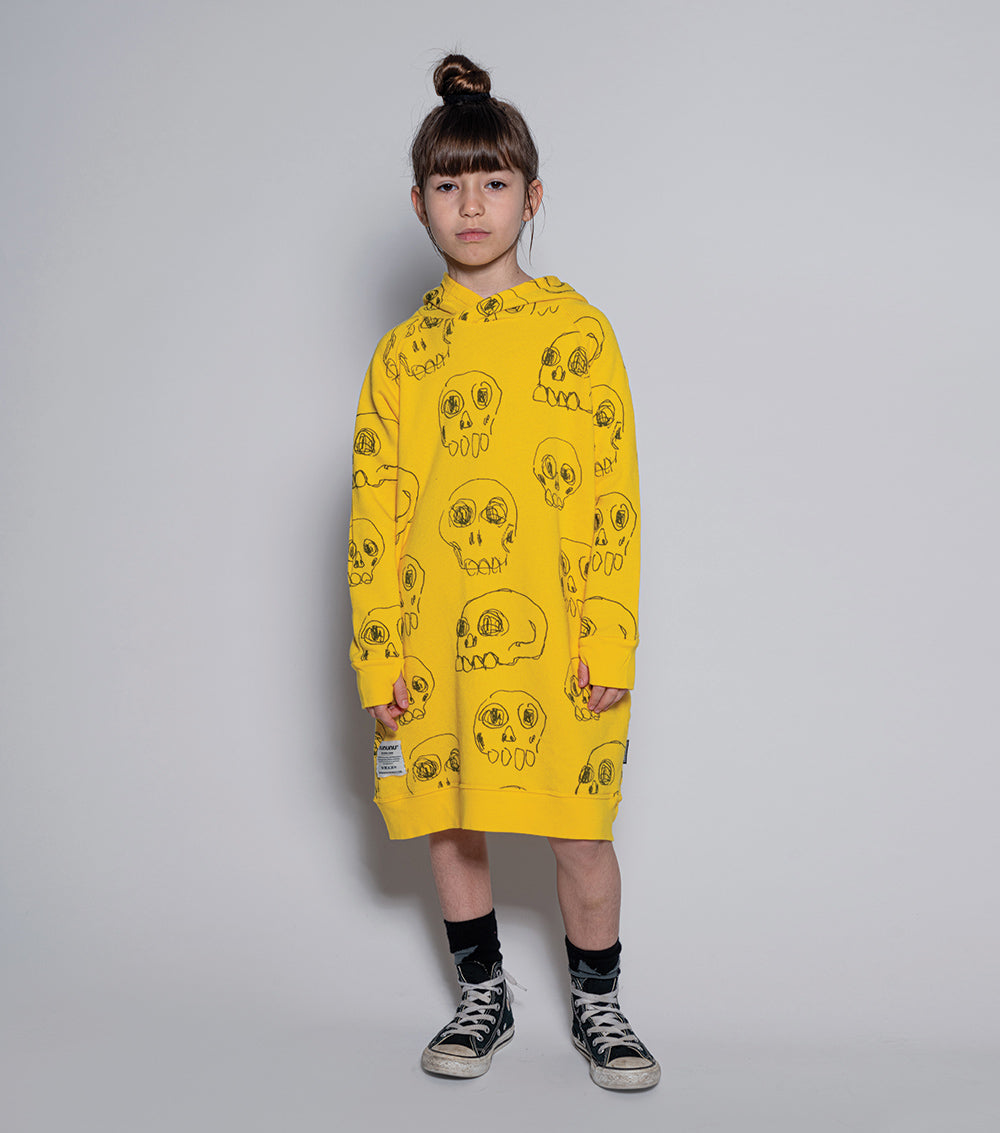 Kid | Hooded Scribbled Skulls A Dress | Yellow
