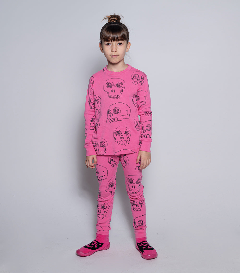 Kid | Scribbled Skulls Loungewear | Hot Pink