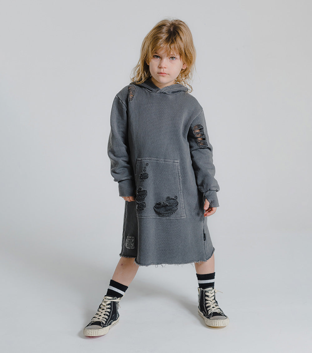 Kid | Deconstructed Hooded Dress | Dyed Graphite
