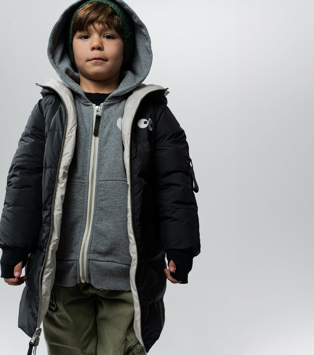 Unisex | Reversible Side Eye Down Coat | Black x Smokey Natural