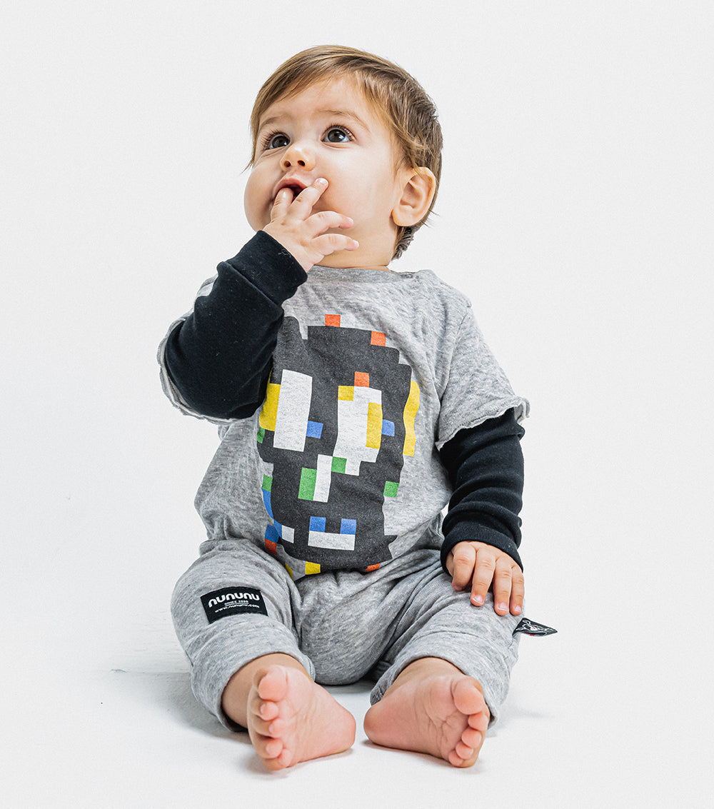 Newborn | Soft Pixel Skull Overall | Heather Grey