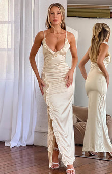 Nahanee Satin Ruffle Maxi Dress | Cream