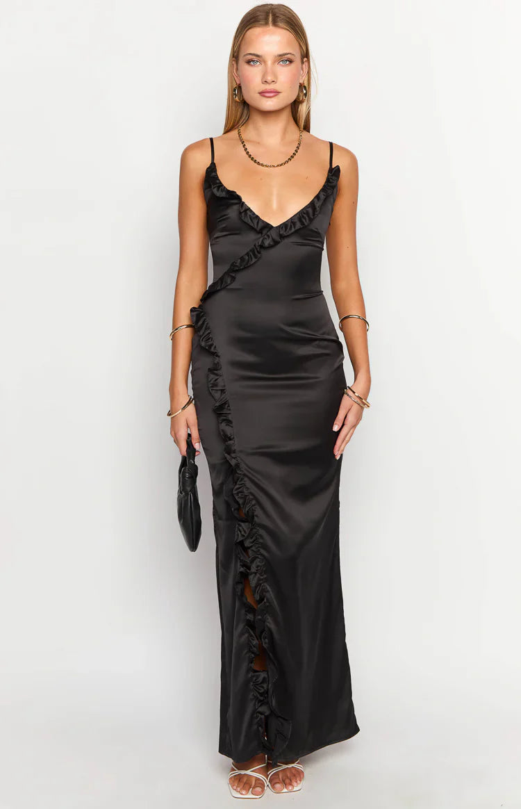 Nahanee Satin Ruffle Maxi Dress | Black
