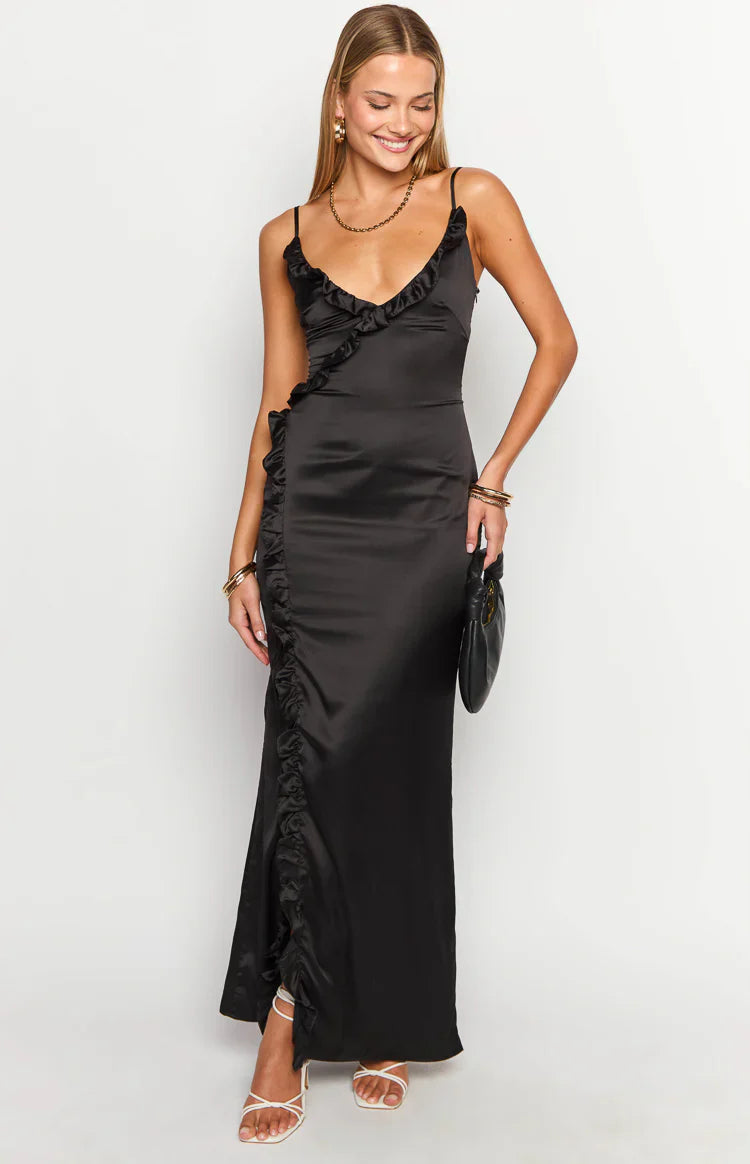 Nahanee Satin Ruffle Maxi Dress | Black