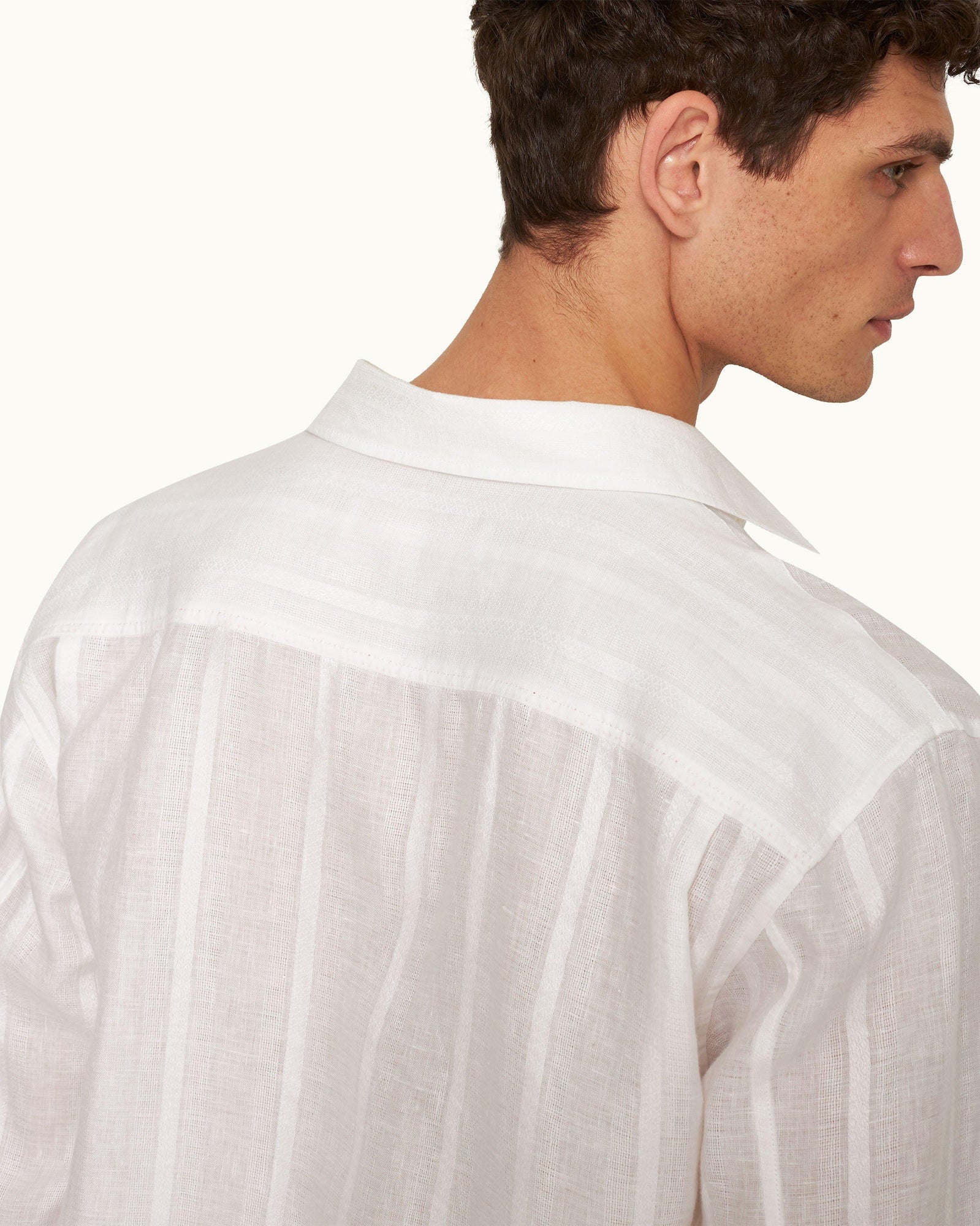 Tonal Waffle Stripe Linen Resort Overshirt Woven In Italy in White colour | White