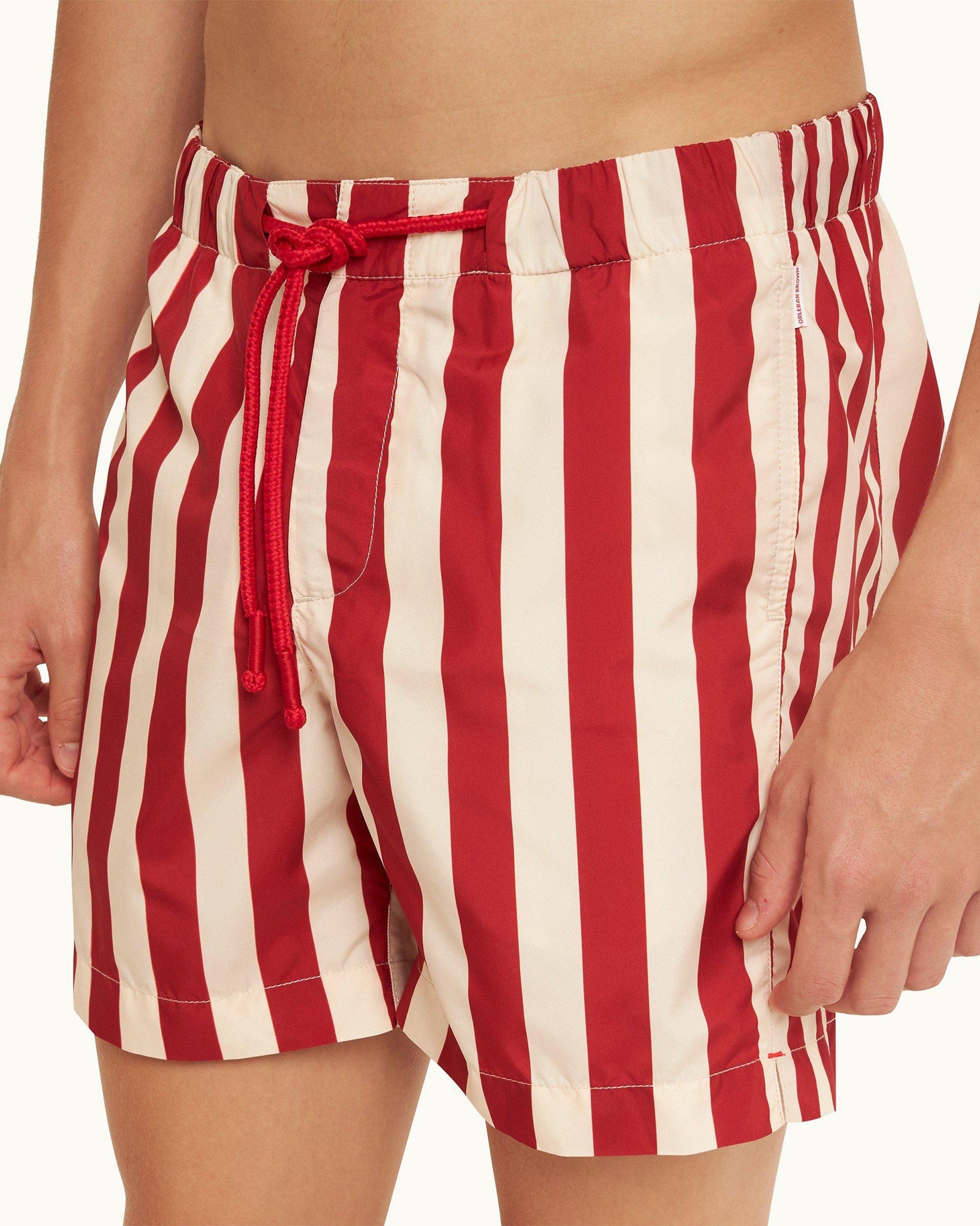 Vermillion Mix Stripe Drawcord Mid-Length Swim Shorts | Vermillion