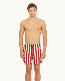 Vermillion Mix Stripe Drawcord Mid-Length Swim Shorts | Vermillion