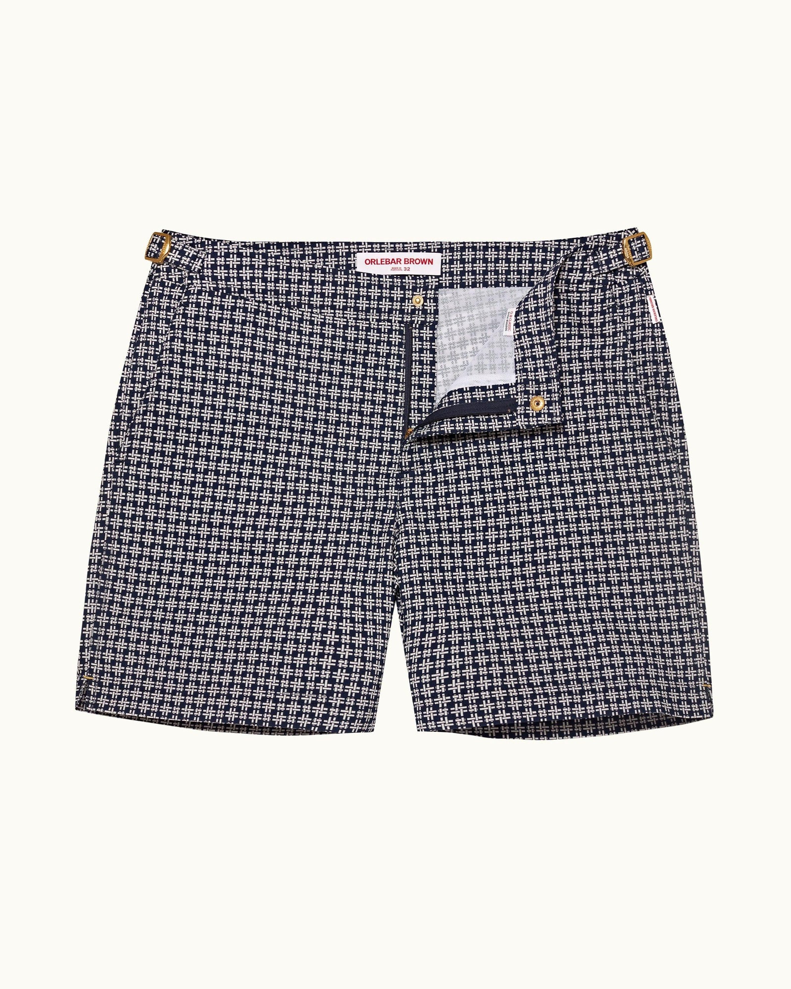 Bulldog 007 Midnight Navy/White Sand Geometric Jacquard Mid-Length Swim Shorts | Midnight Navy/White Sand