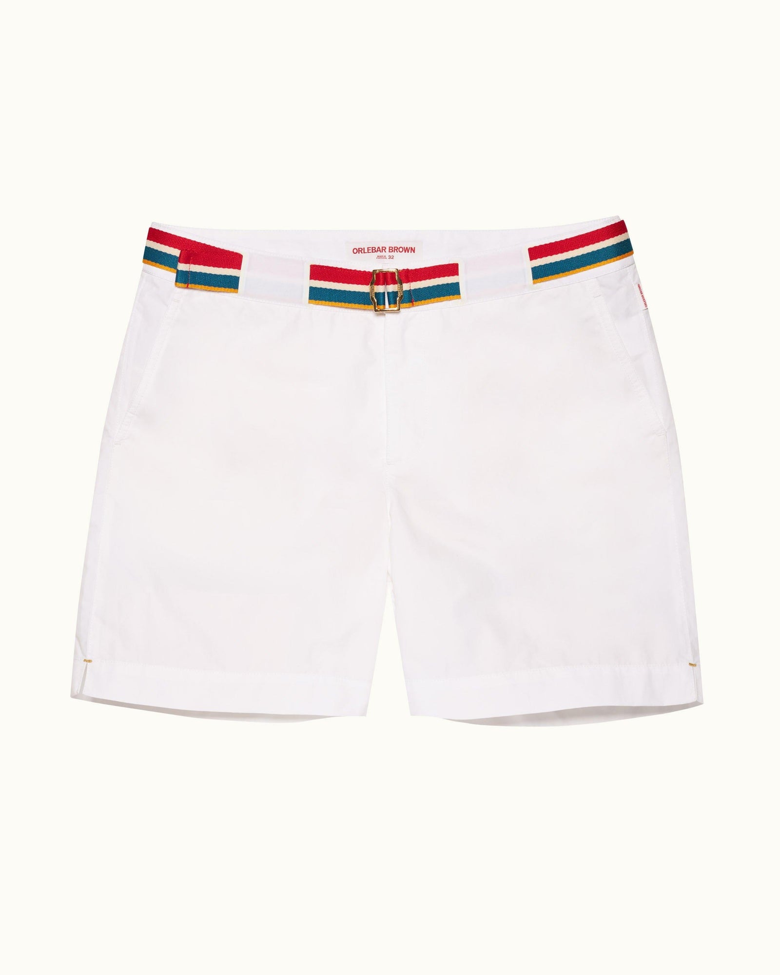 White O.B Stripe Belt Mid-Length Swim Shorts | White