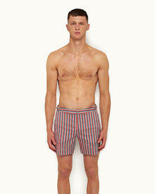 Summer Red/Marina Aqua O.B Stripe Mid-Length Swim Shorts | Summer Red/Marina Aqua